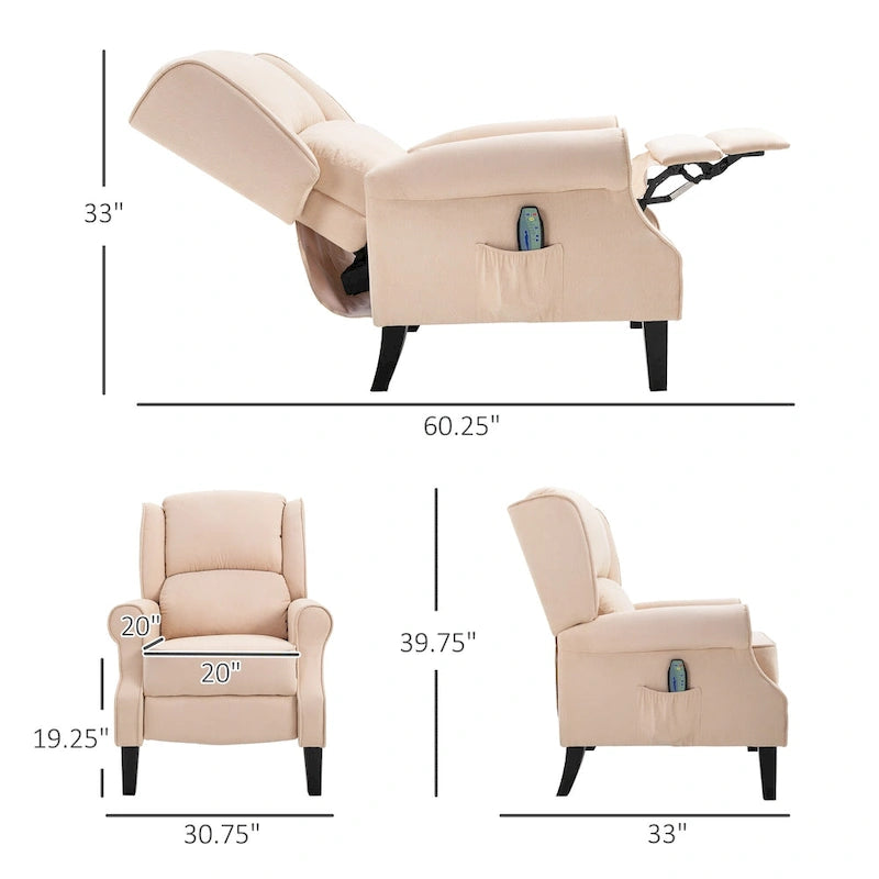 Fauteuil inclinable massant chauffant blanc crème avec chauffage lombaire et télécommande