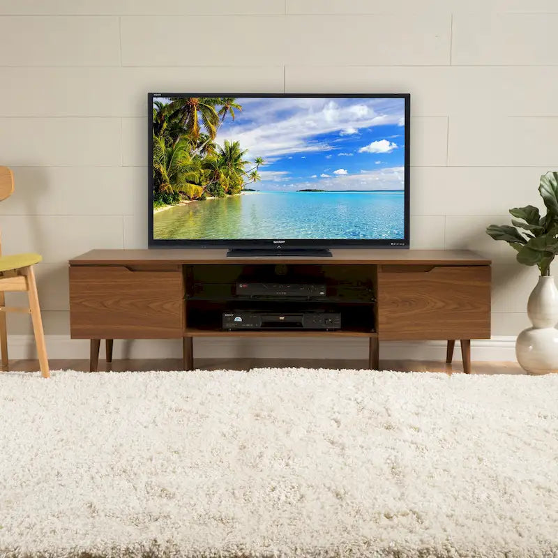 Meuble TV en noyer 59,2 avec 2 armoires et étagère en verre trempé pour téléviseurs 40 pouces