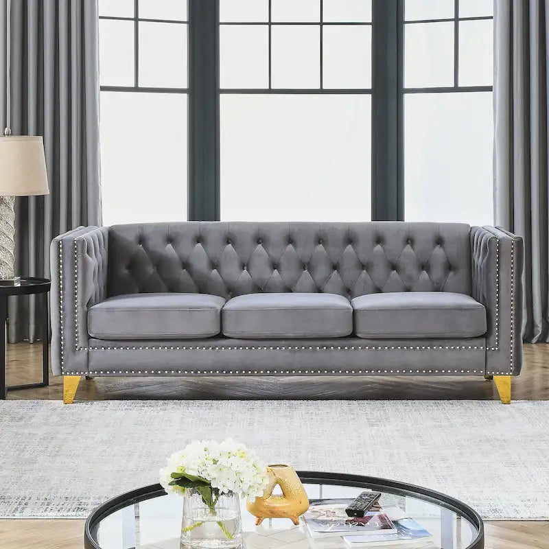 Canapé 3 places gris en velours capitonné 80,5 po avec clous décoratifs