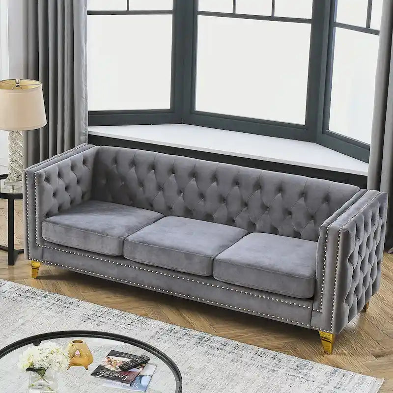 Canapé 3 places gris en velours capitonné 80,5 po avec clous décoratifs