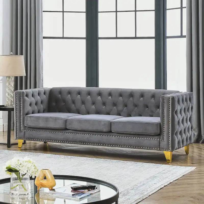 Canapé 3 places gris en velours capitonné 80,5 po avec clous décoratifs