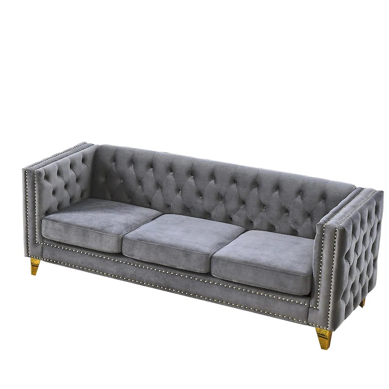 Canapé 3 places gris en velours capitonné 80,5 po avec clous décoratifs
