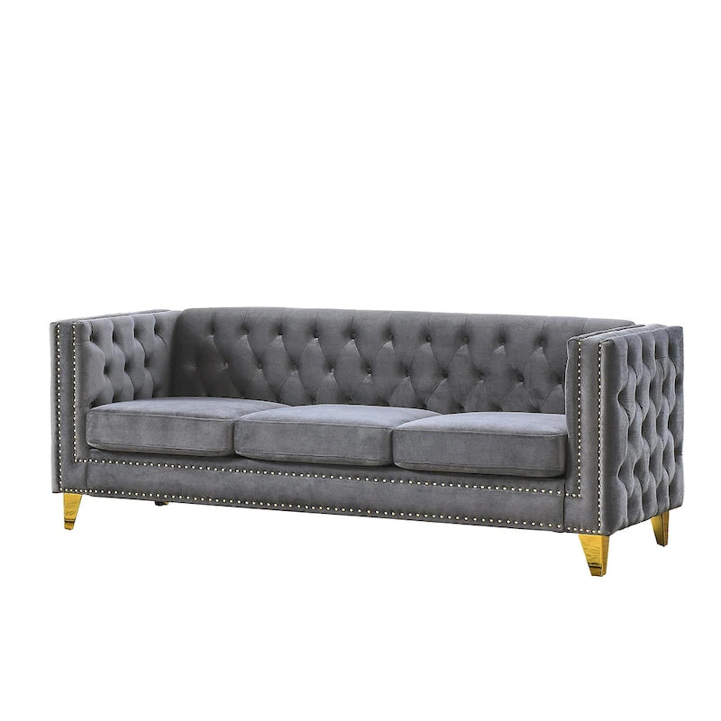 Canapé 3 places gris en velours capitonné 80,5 po avec clous décoratifs