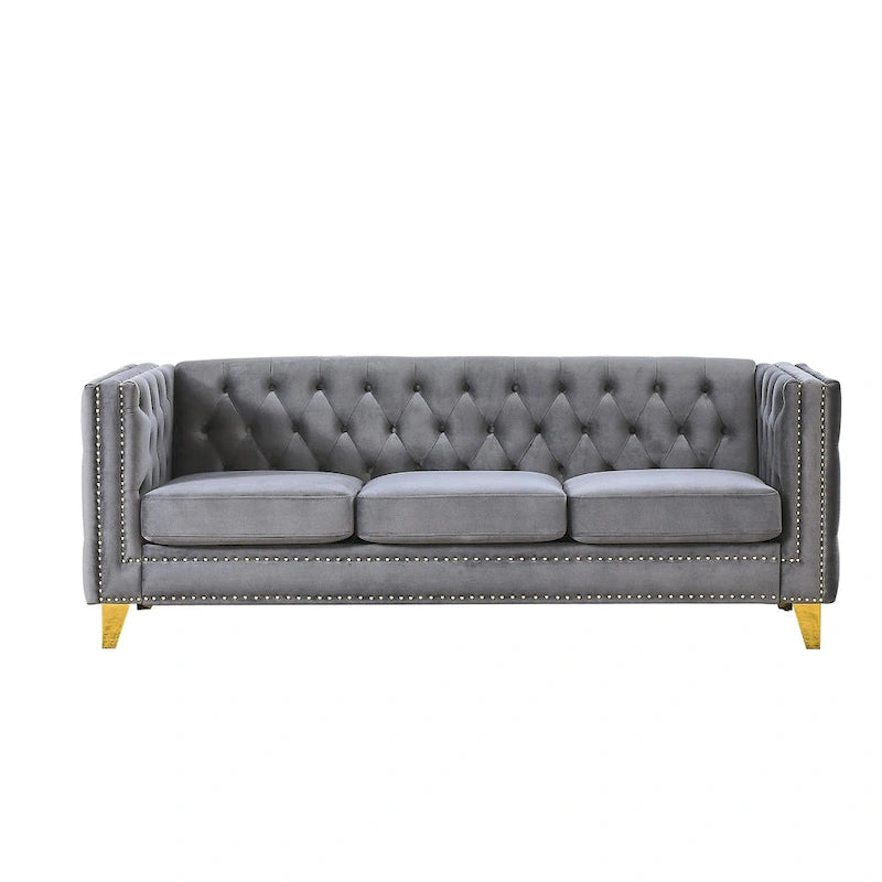 Canapé 3 places gris en velours capitonné 80,5 po avec clous décoratifs