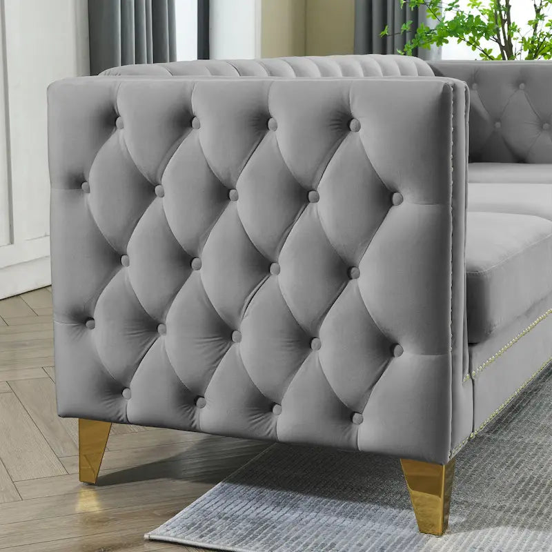 Canapé 3 places gris en velours capitonné 80,5 po avec clous décoratifs