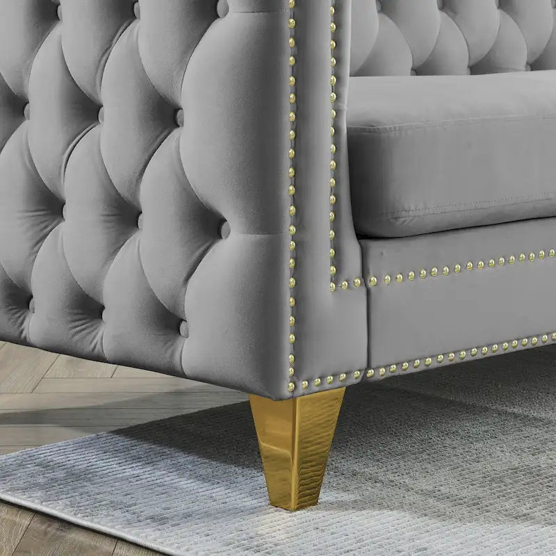Canapé 3 places gris en velours capitonné 80,5 po avec clous décoratifs