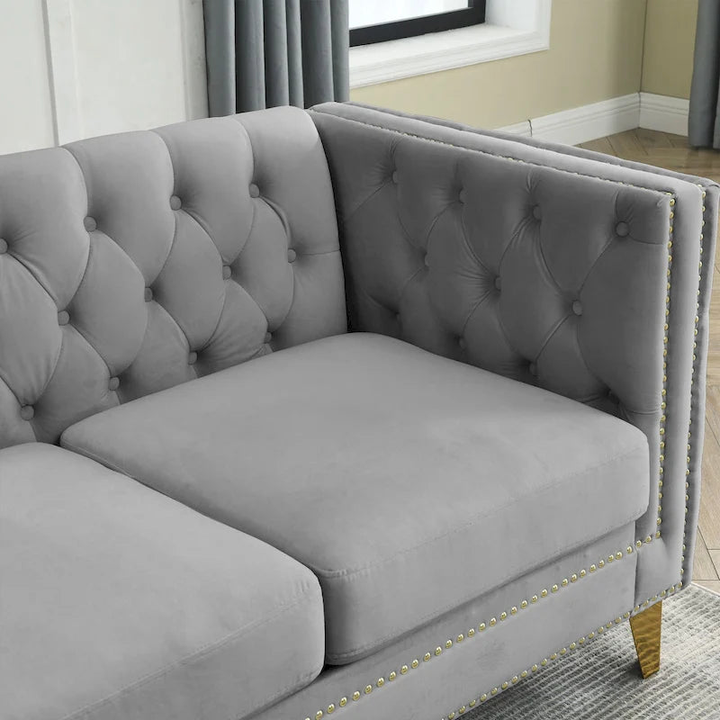Canapé 3 places gris en velours capitonné 80,5 po avec clous décoratifs