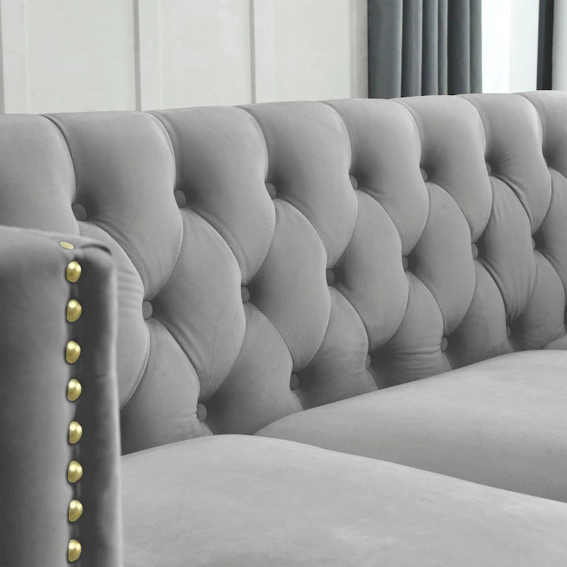 Canapé 3 places gris en velours capitonné 80,5 po avec clous décoratifs