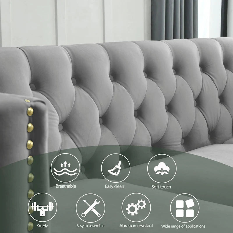 Canapé 3 places gris en velours capitonné 80,5 po avec clous décoratifs