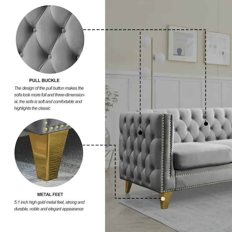 Canapé 3 places gris en velours capitonné 80,5 po avec clous décoratifs