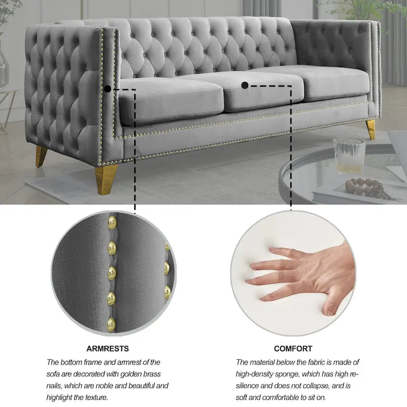 Canapé 3 places gris en velours capitonné 80,5 po avec clous décoratifs