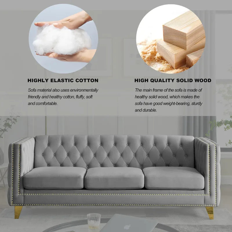 Canapé 3 places gris en velours capitonné 80,5 po avec clous décoratifs