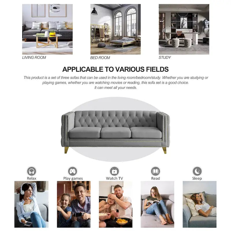 Canapé 3 places gris en velours capitonné 80,5 po avec clous décoratifs