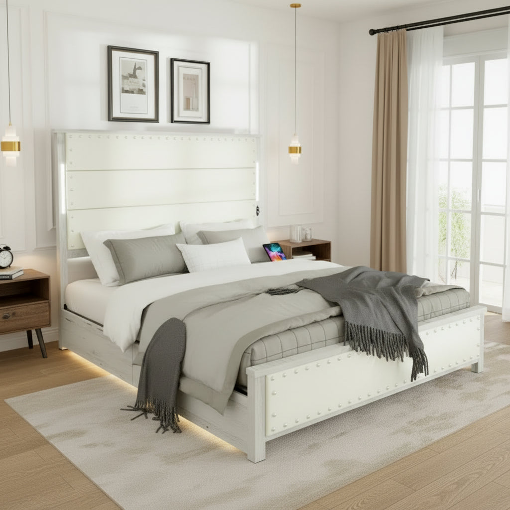 Cadre de lit Queen Size blanc en MDF et métal avec tête de lit rembourrée et 4 tiroirs de rangement