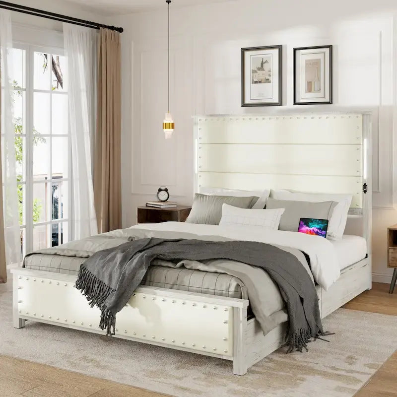 Cadre de lit Queen Size blanc en MDF et métal avec tête de lit rembourrée et 4 tiroirs de rangement