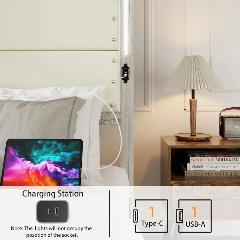 Cadre de lit Queen Size blanc en MDF et métal avec tête de lit rembourrée et 4 tiroirs de rangement