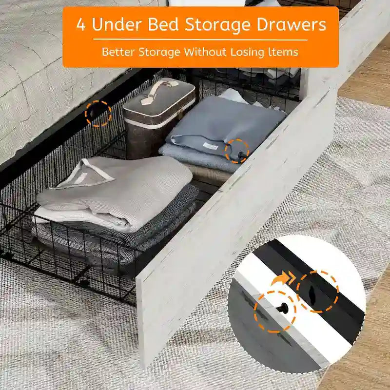 Cadre de lit Queen Size blanc en MDF et métal avec tête de lit rembourrée et 4 tiroirs de rangement