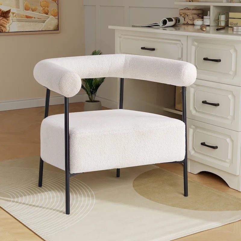 Fauteuil d'appoint moderne en tissu bouclé, fauteuil incurvé avec cadre en métal noir