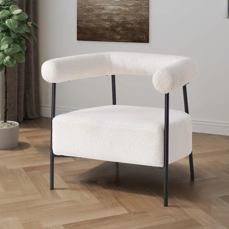 Fauteuil d'appoint moderne en tissu bouclé, fauteuil incurvé avec cadre en métal noir