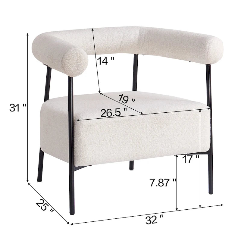 Fauteuil d'appoint moderne en tissu bouclé, fauteuil incurvé avec cadre en métal noir