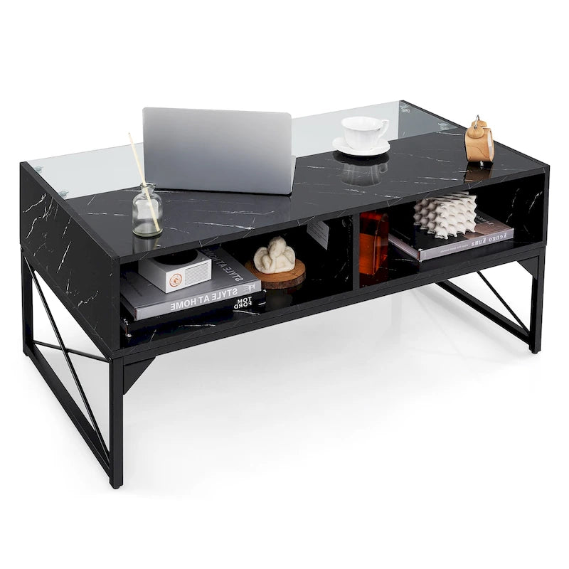 Table basse à LED avec plateau divisé en verre trempé et faux marbre, 20 couleurs, 105,4 cm L x 54,6 cm l