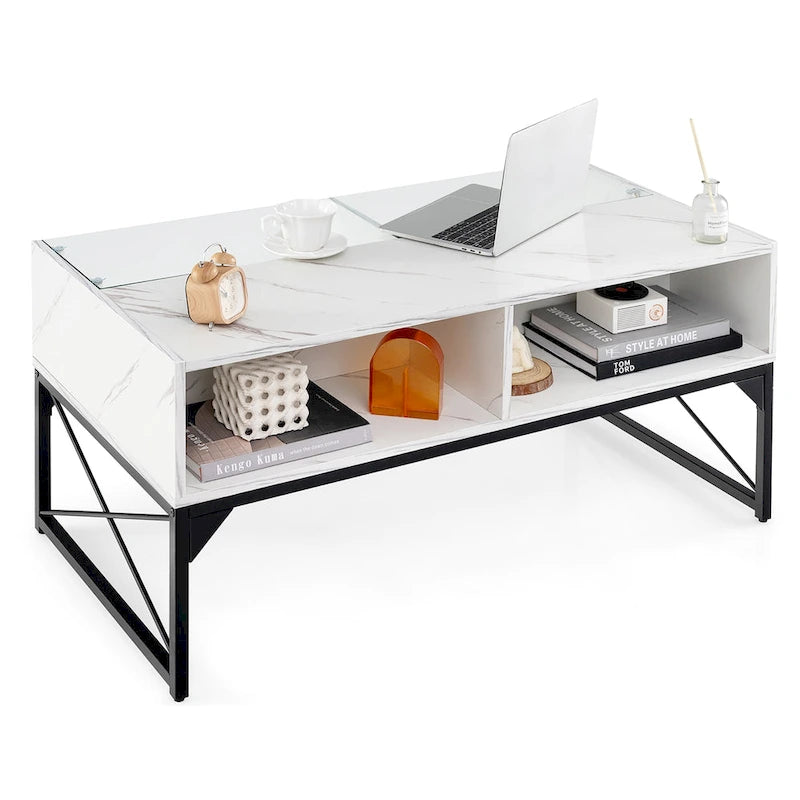 Table basse à LED avec plateau divisé en verre trempé et faux marbre, 20 couleurs, 105,4 cm L x 54,6 cm l