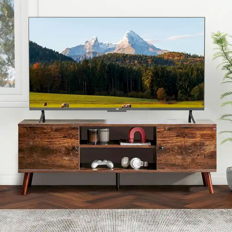 Meuble TV Mid-Century avec rangement pour téléviseurs de 50 à 60 pouces, centre de divertissement avec 2 armoires et étagères réglables