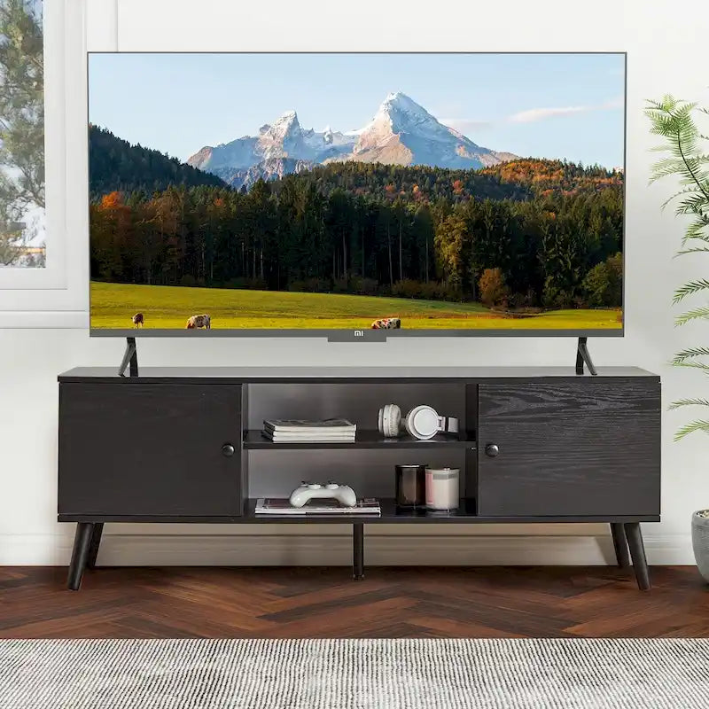 Meuble TV Mid-Century avec rangement pour téléviseurs de 50 à 60 pouces, centre de divertissement avec 2 armoires et étagères réglables