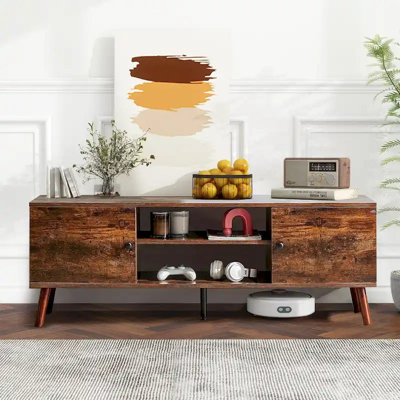 Meuble TV Mid-Century avec rangement pour téléviseurs de 50 à 60 pouces, centre de divertissement avec 2 armoires et étagères réglables
