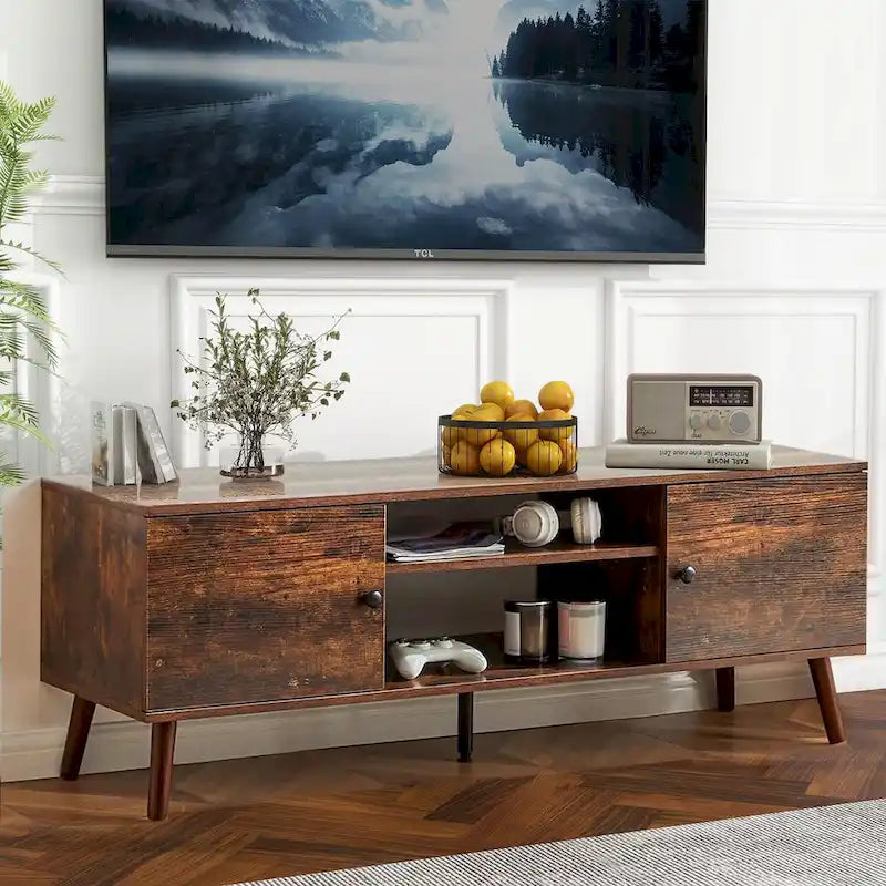 Meuble TV Mid-Century avec rangement pour téléviseurs de 50 à 60 pouces, centre de divertissement avec 2 armoires et étagères réglables