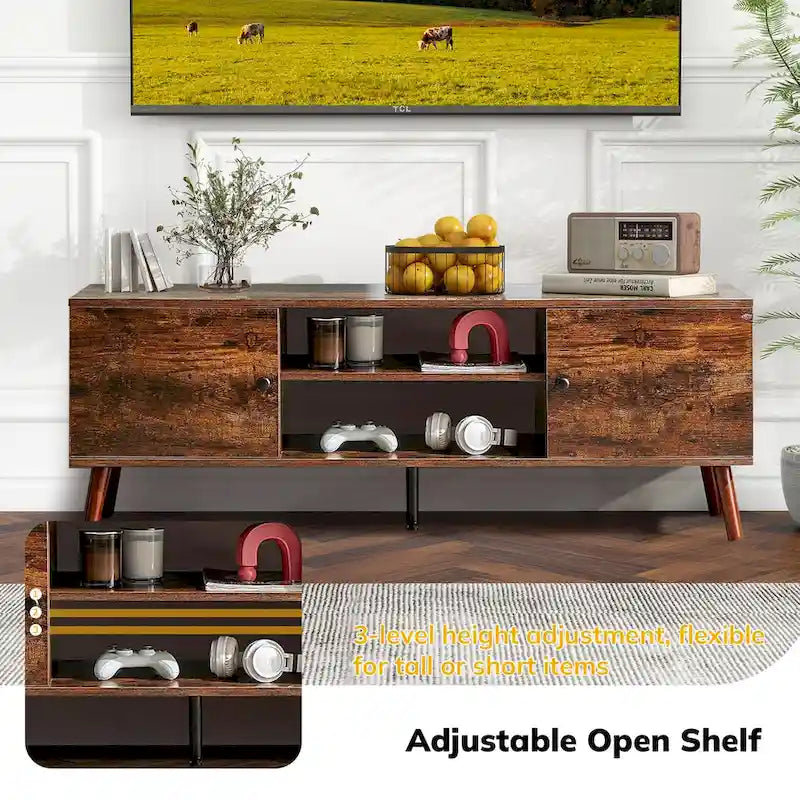 Meuble TV Mid-Century avec rangement pour téléviseurs de 50 à 60 pouces, centre de divertissement avec 2 armoires et étagères réglables