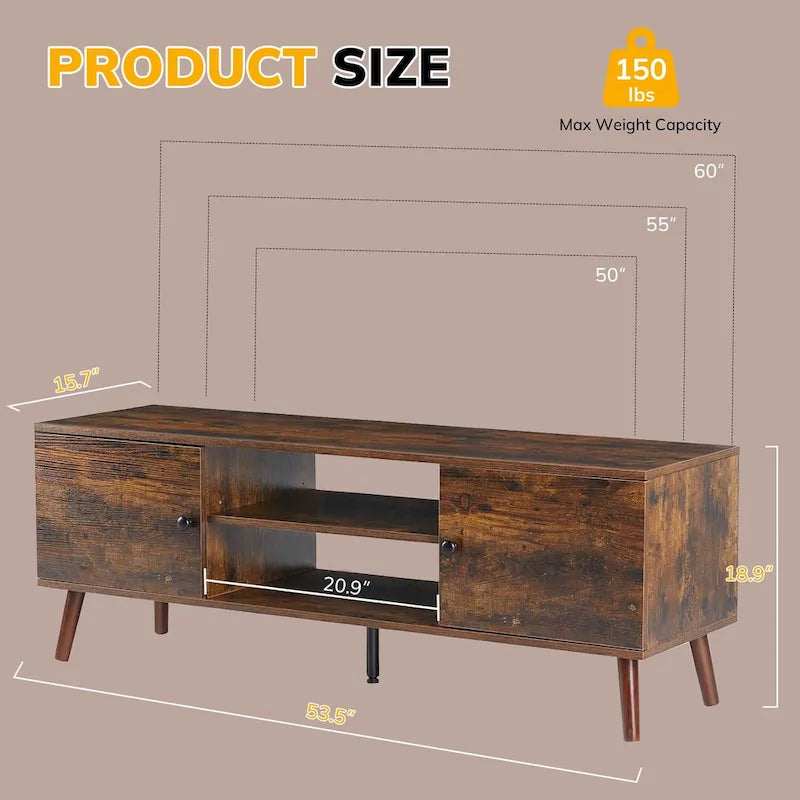 Meuble TV Mid-Century avec rangement pour téléviseurs de 50 à 60 pouces, centre de divertissement avec 2 armoires et étagères réglables