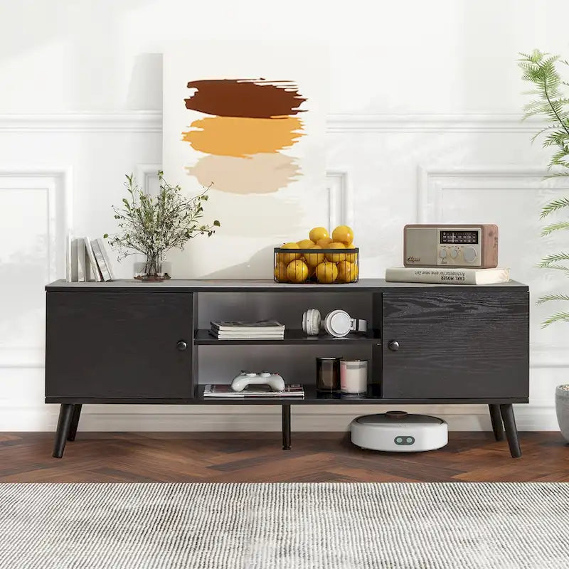Meuble TV Mid-Century avec rangement pour téléviseurs de 50 à 60 pouces, centre de divertissement avec 2 armoires et étagères réglables