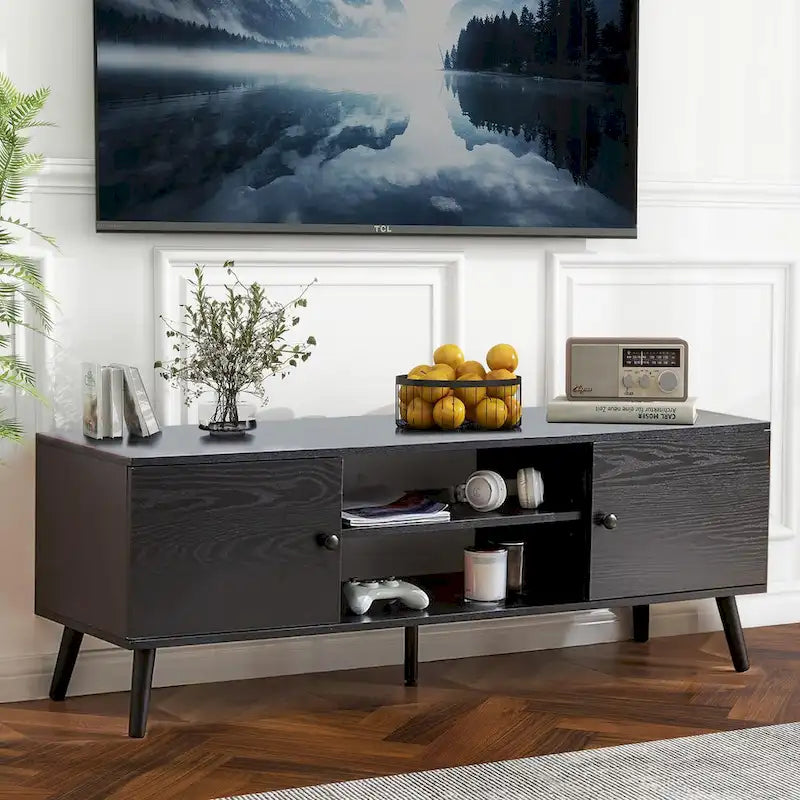 Meuble TV Mid-Century avec rangement pour téléviseurs de 50 à 60 pouces, centre de divertissement avec 2 armoires et étagères réglables
