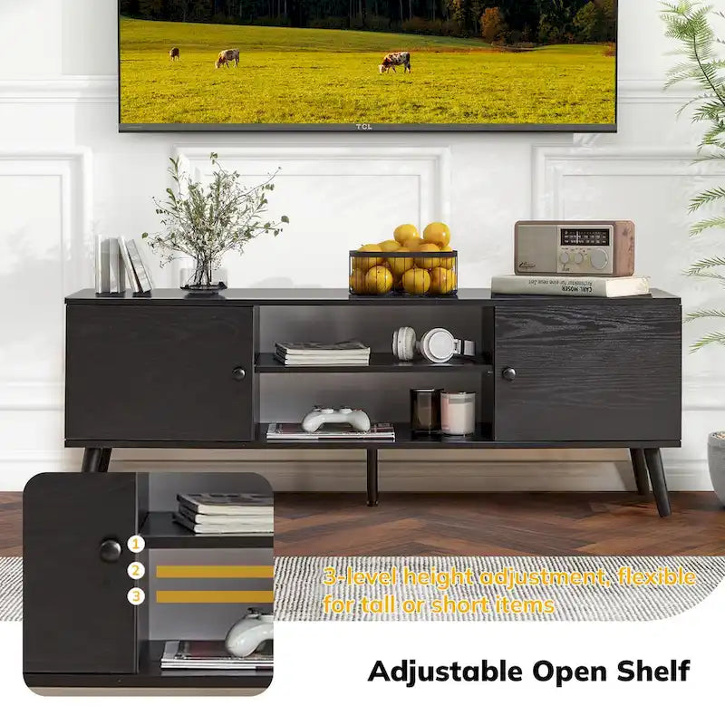 Meuble TV Mid-Century avec rangement pour téléviseurs de 50 à 60 pouces, centre de divertissement avec 2 armoires et étagères réglables