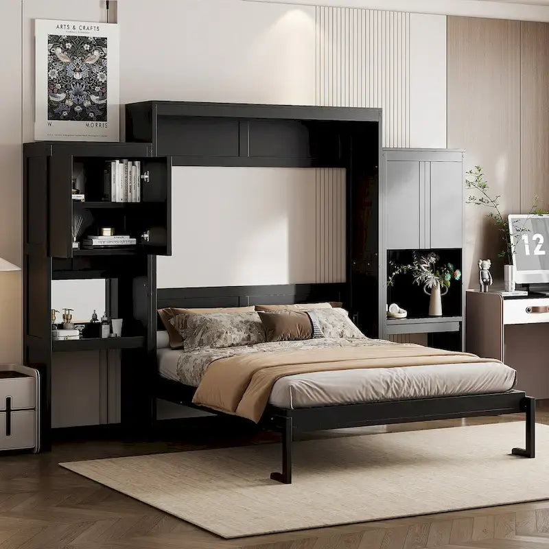 Lit escamotable Queen Size avec bureau, coiffeuse et armoires, Espresso
