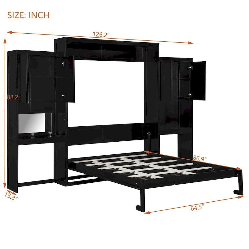 Lit escamotable Queen Size avec bureau, coiffeuse et armoires, Espresso