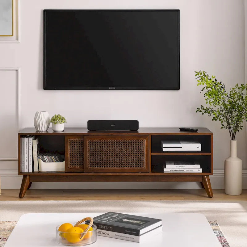 Meuble TV 59 en Noyer avec Étagères Ouvertes et Portes d'Armoire en Rotin pour TV jusqu'à 65 pouces