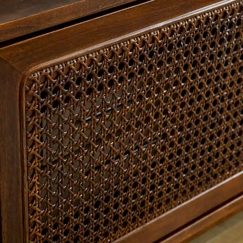 Meuble TV 59 en Noyer avec Étagères Ouvertes et Portes d'Armoire en Rotin pour TV jusqu'à 65 pouces