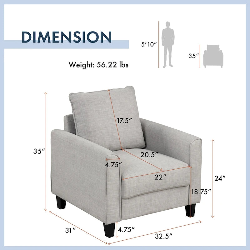 Chaise avec pieds effilés en bois massif, fauteuil simple en tissu rembourré