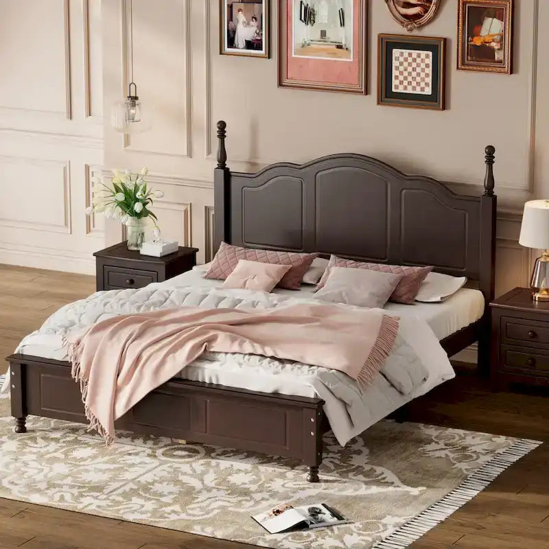 Lit plateforme en bois style rétro, taille Queen