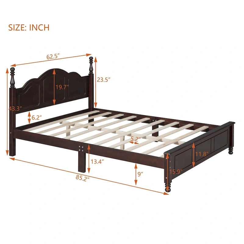 Lit plateforme en bois style rétro, taille Queen