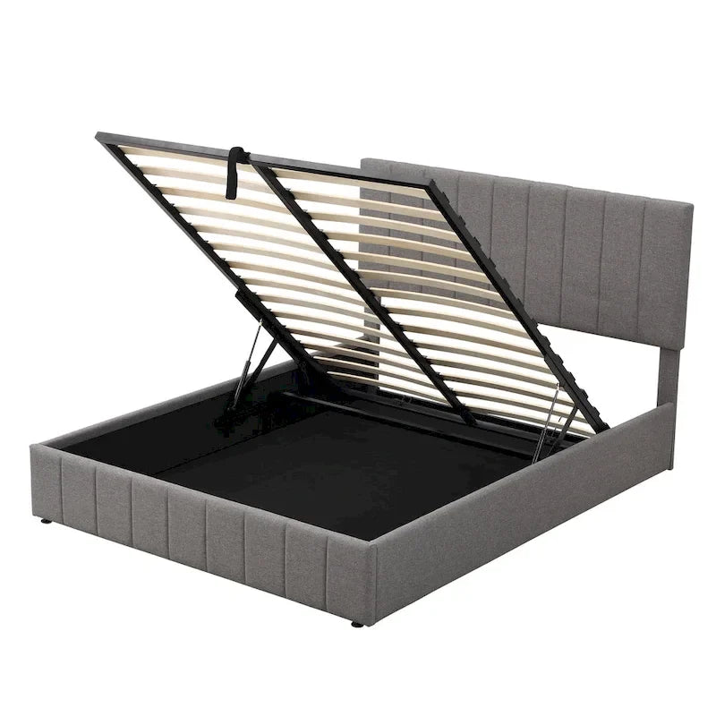 Lit plateforme rembourré avec système de rangement hydraulique, tissu en lin, taille double/grand.