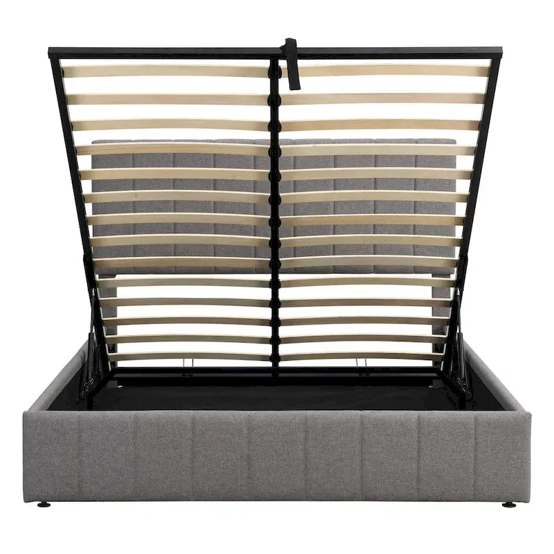 Lit plateforme rembourré avec système de rangement hydraulique, tissu en lin, taille double/grand.
