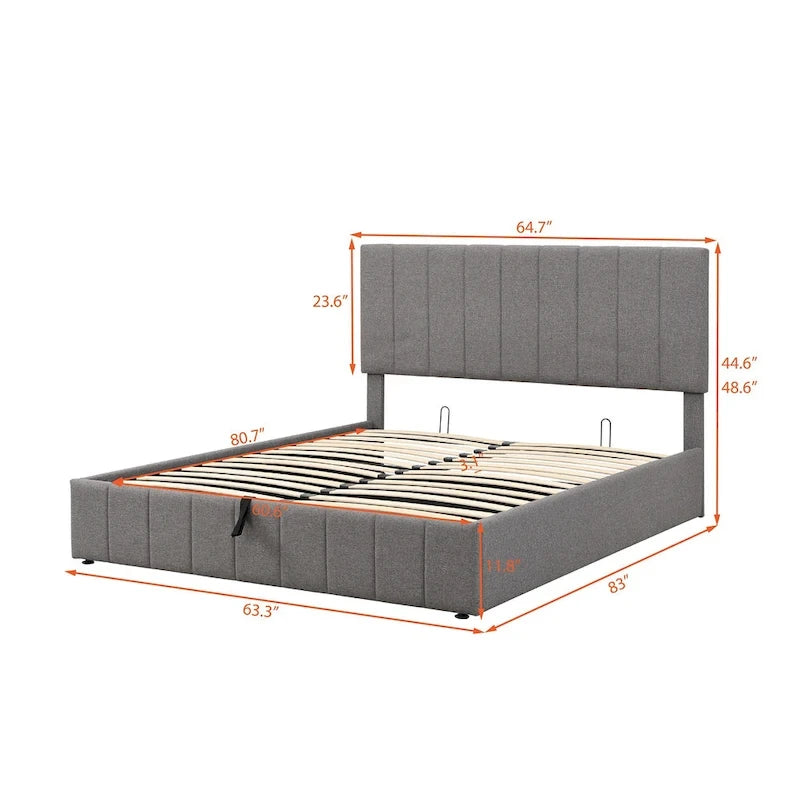 Lit plateforme rembourré avec système de rangement hydraulique, tissu en lin, taille double/grand.