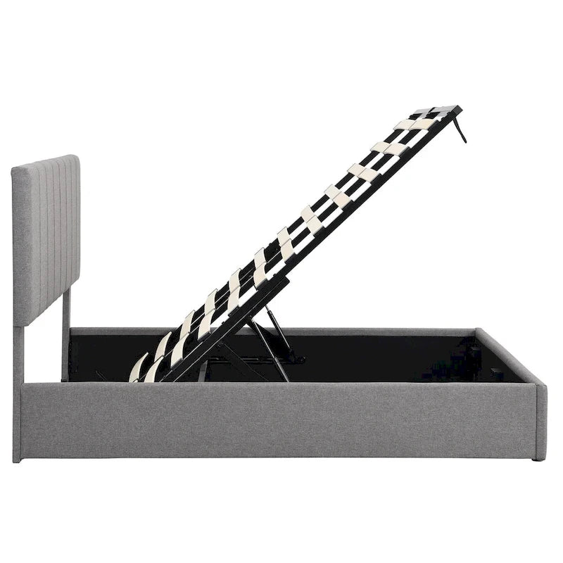Lit plateforme rembourré avec système de rangement hydraulique, tissu en lin, taille double/grand.