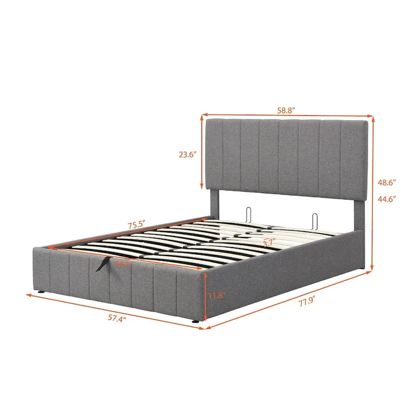 Lit plateforme rembourré avec système de rangement hydraulique, tissu en lin, taille double/grand.