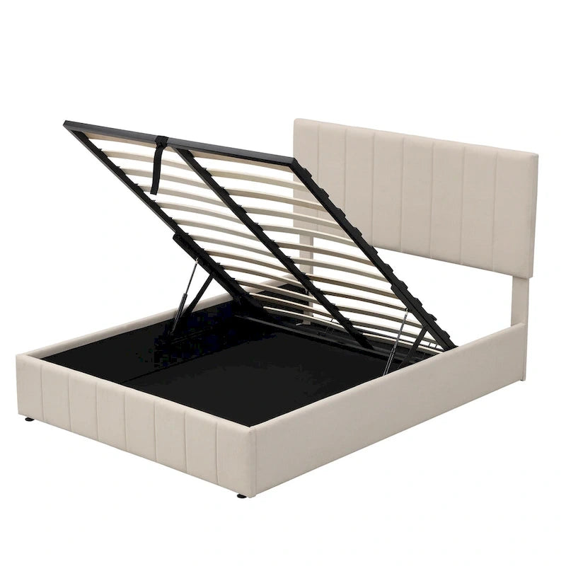 Lit plateforme rembourré avec système de rangement hydraulique, tissu en lin, taille double/grand.