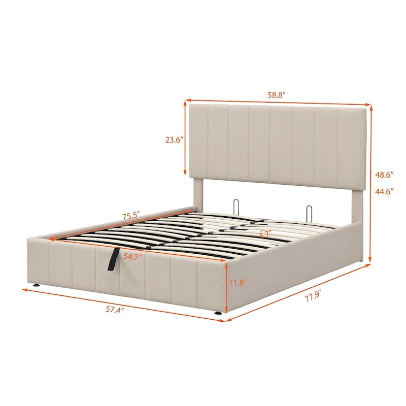 Lit plateforme rembourré avec système de rangement hydraulique, tissu en lin, taille double/grand.