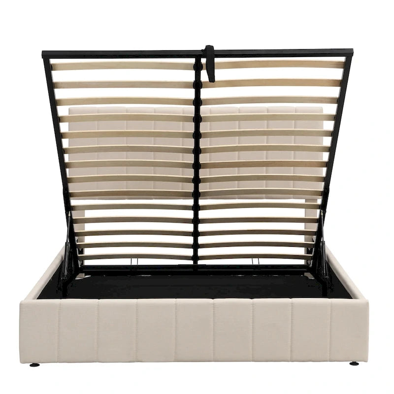 Lit plateforme rembourré avec système de rangement hydraulique, tissu en lin, taille double/grand.